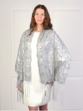 Sequined Flower Mesh Scarf W/ Fringe